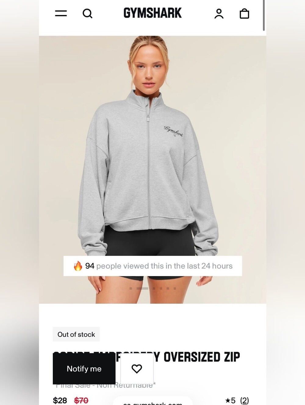 Gymshark Light Gray Full-Zip Oversized Jacket xl